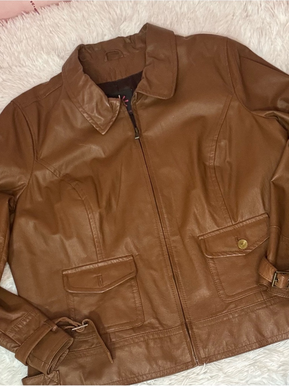 Isaac Mizrahi Tan Leather Zip-Front Jacket
